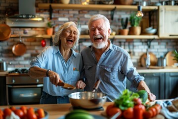 Fototapeta na wymiar Happy senior husband and wife have fun sing in kitchen appliances cooking together at home. Overjoyed mature grey-haired Caucasian couple feel energetic active enjoy family retirement weekend