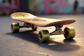 This is a beautifully detailed image of a wooden skateboard with vibrant green wheels, resting on a gritty concrete surface