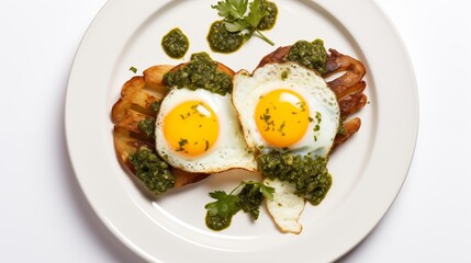 Picture featuring TWO FRIED EGGS with CHIMICHURRI BUTTER and CRISPY POTATOES on a white round plate against a white background, photographed from above