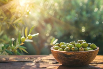 Bowl of Fresh Olives on a Wooden Table Overlooking the Lush Countryside