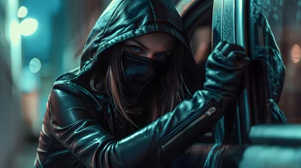 Fotobehang A young female burglar in a black leather hoodie and mask, breaking into a car. She wearing a black Hoodie and mask. She breaking into a car, using a crowbar to pry open the door. © Nawarit