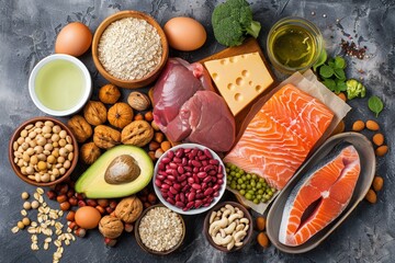 High protein food for body builders as meat, fish, dairy, eggs, buckwheat, oatmeal, nuts, bean,...
