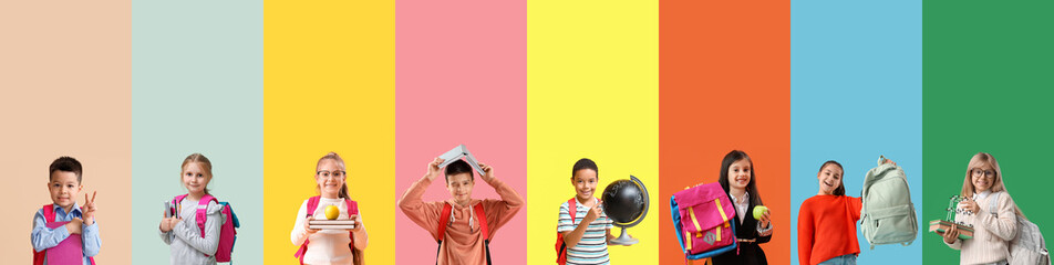 Set of little schoolchildren on color background