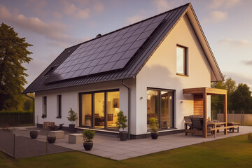 Fototapeta na wymiar Modern eco friendly passive house with solar panels on the gable roof