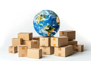 International logistics concept. Globe and parcel boxes on white background