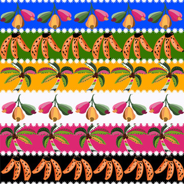 Estampa sem emendas com elementos desenhados digitalmente. Coloridos, estilo brasileiro. Bananas, cajus coloridos, coqueiros, linhas coloridas.
