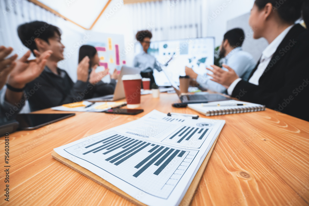 Aufkleber focus financial dashboard paper showing graphs and chart with blurred background of diverse business