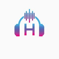 Letter H Headphone Logo Design Vector Icon Graphic Illustration Music Disco DJ Wave sound