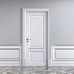 3d rendering of white door with trim on grey wall background. classic interior design concept