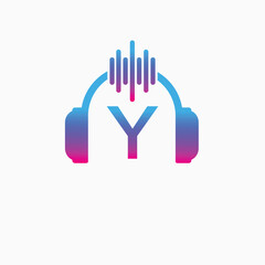 Letter Y Headphone Logo Design Vector Icon Graphic Illustration Music Disco DJ Wave sound