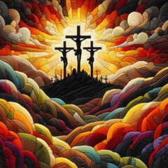 Obraz premium Felt art patchwork, View on the three Crosses on Golgotha at sunrise