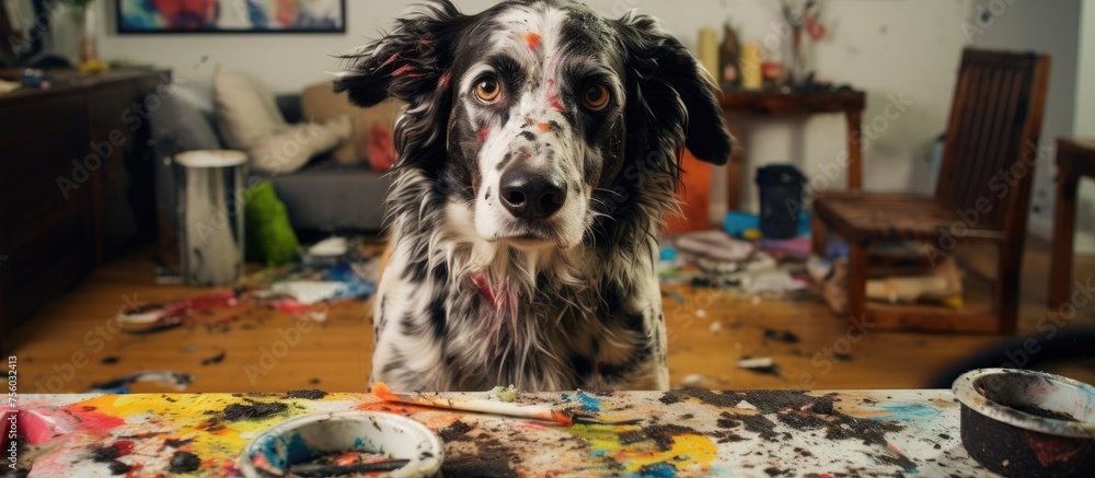 Wall mural A carnivore dog breed is sitting at a table covered in paint, showcasing its artistic nature. Dogs can be working animals, companions, or part of the sporting group