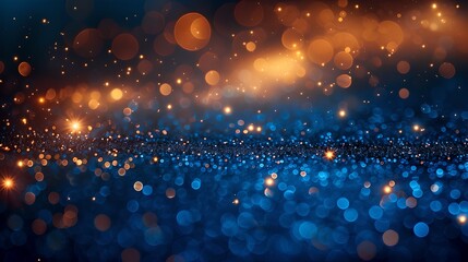 abstract blue and gold background, blue glitter, shiny background with blurred bokeh	