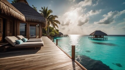 Fototapeta premium Sumptuous beachfront retreat on the idyllic shores of the Maldives, boasting unparalleled views of turquoise waters and overwater bungalows with direct access to the Ocean
