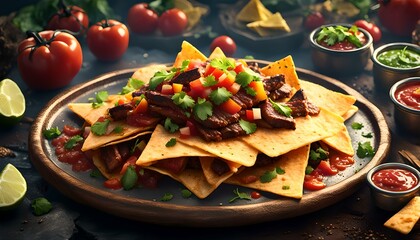 A plate of nachos with steak and salsa on top.