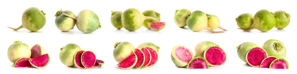 Collage of fresh watermelon radishes on white background