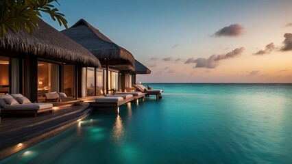 Sumptuous beachfront retreat on the idyllic shores of the Maldives, boasting unparalleled views of turquoise waters and overwater bungalows with direct access to the Ocean - obrazy, fototapety, plakaty