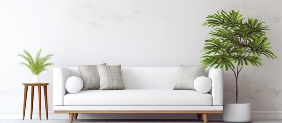 Interior design with a sofa, plants, and plaid on a blank white wall.