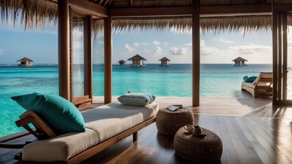 Sumptuous beachfront retreat on the idyllic shores of the Maldives, boasting unparalleled views of turquoise waters and overwater bungalows with direct access to the Ocean