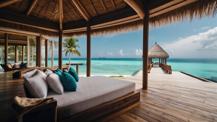 Fototapeta na wymiar Sumptuous beachfront retreat on the idyllic shores of the Maldives, boasting unparalleled views of turquoise waters and overwater bungalows with direct access to the Ocean