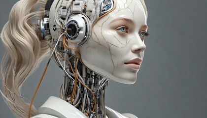 cyborg woman- with a visible detailed brain- muscles cable wires- biopunk- cybernetic- cyber