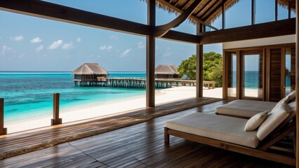 Obraz na płótnie Canvas Sumptuous beachfront retreat on the idyllic shores of the Maldives, boasting unparalleled views of turquoise waters and overwater bungalows with direct access to the Ocean