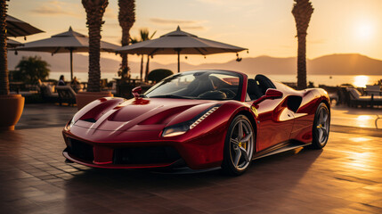 Red luxury sports supercar, muscle car, against the background of palm trees and sunset, luxury...