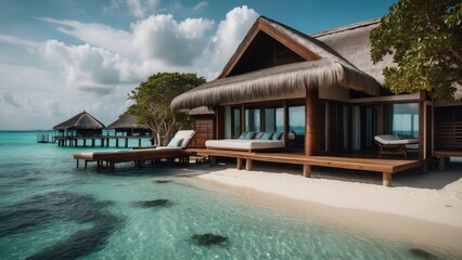 Sumptuous beachfront retreat on the idyllic shores of the Maldives, boasting unparalleled views of turquoise waters and overwater bungalows with direct access to the Ocean
