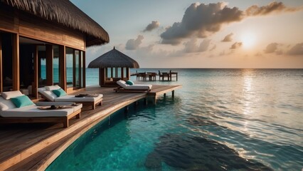 Obraz premium Sumptuous beachfront retreat on the idyllic shores of the Maldives, boasting unparalleled views of turquoise waters and overwater bungalows with direct access to the Ocean