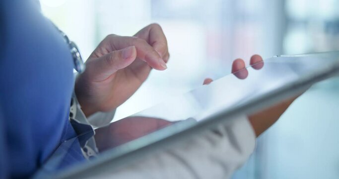 Hospital, screen and hands of doctor on tablet for online research, medical service and consulting. Healthcare, clinic and health worker on digital tech for insurance, communication and telehealth