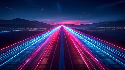 Fototapeta na wymiar Neon Light Trails on Highway with Mountainous Horizon at Night