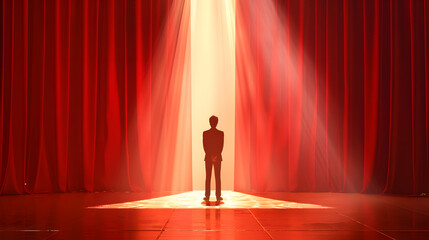 Silhouette of a Man Standing on Stage with Spotlight and Red Curtains - obrazy, fototapety, plakaty