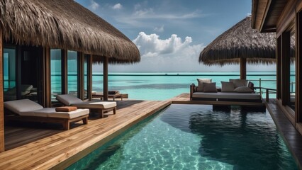 Sumptuous beachfront retreat on the idyllic shores of the Maldives, boasting unparalleled views of turquoise waters and overwater bungalows with direct access to the Ocean