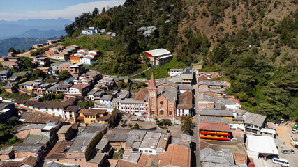Montebello, Antioquia - Colombia. January 24, 2024. Aerial view of the municipality of Montebello...