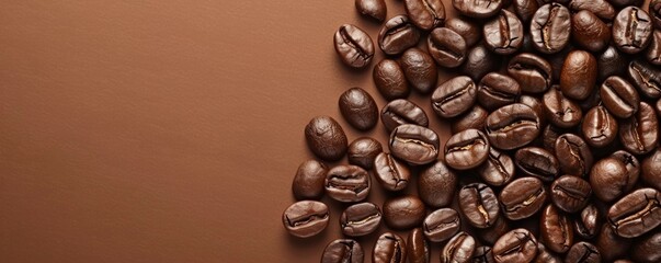 Closeup of glistening coffee beans arranged with space for text on the right, showcasing their rich textures and deep brown tones