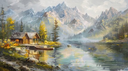 Nature wallpaper. scenic painting featuring a serene mountain lake, boat, and dock - obrazy, fototapety, plakaty