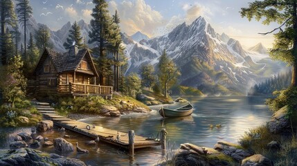 Fototapeta na wymiar Nature wallpaper. scenic painting featuring a serene mountain lake, boat, and dock