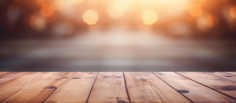 Close-up wooden table with blurred background.
