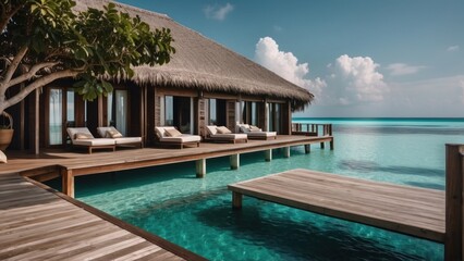 Fototapeta premium Sumptuous beachfront retreat on the idyllic shores of the Maldives, boasting unparalleled views of turquoise waters and overwater bungalows with direct access to the Ocean