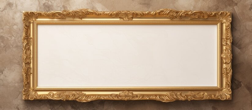 A Rectangle gold picture frame made of Wood is hanging on a Beige wall. The natural material adds elegance to the art displayed, creating a lovely decor for any event