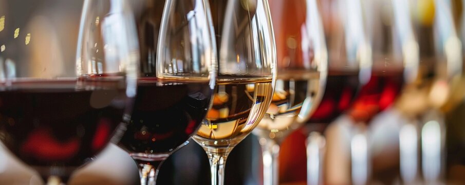 Wine tasting row of assorted wine in glasses. Wine glasses in a row. Buffet table celebration of wine tasting. Nightlife, celebration and entertainment concept