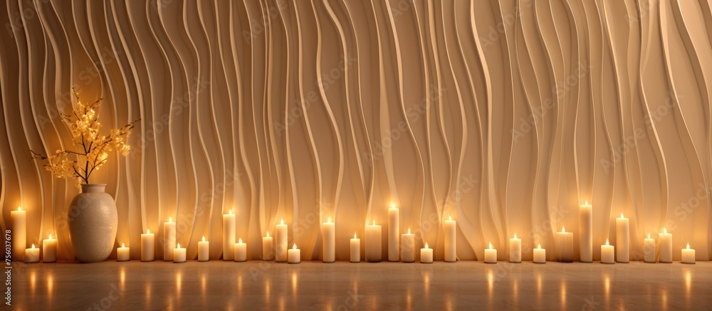 Poster a row of lit candles sit in front of a vase of flowers against a wall, creating a warm and inviting 