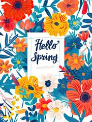 Happy joyful greeting card "Greetings to spring" with flowers and inscriptions, written in a calligraphic handwriting words in a colorful floral design, festive seasonal greetings 20