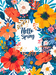 Happy joyful greeting card "Greetings to spring" with flowers and inscriptions, written in a calligraphic handwriting words in a colorful floral design, festive seasonal greetings 19