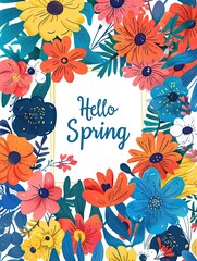  Happy joyful greeting card "Greetings to spring" with flowers and inscriptions, written in a calligraphic handwriting words in a colorful floral design, festive seasonal greetings 17