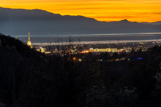 Panorama of Layton city, the Mormon Church and the Great Salt Lake.