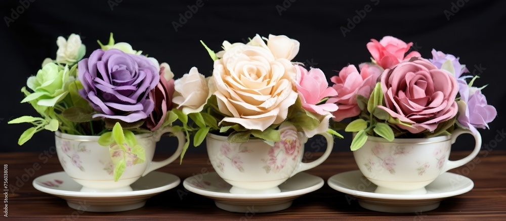 Poster three flowerfilled cups and saucers rest on a table, creating a charming botanical display with vibr