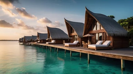 Fotobehang Sumptuous beachfront retreat on the idyllic shores of the Maldives, boasting unparalleled views of turquoise waters and overwater bungalows with direct access to the Ocean © Damian Sobczyk