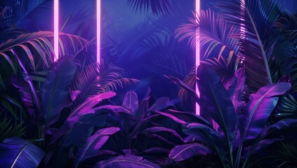 Fototapeta na wymiar Neon light lines in the dark jungle with banana leaves and grasses Generative Ai