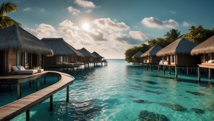 Obraz premium Sumptuous beachfront retreat on the idyllic shores of the Maldives, boasting unparalleled views of turquoise waters and overwater bungalows with direct access to the Ocean